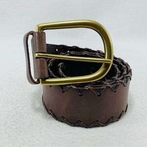 Gap Women Leather Belt Buckle Size M Brown Brass Metal Stitches Wide Big Casual